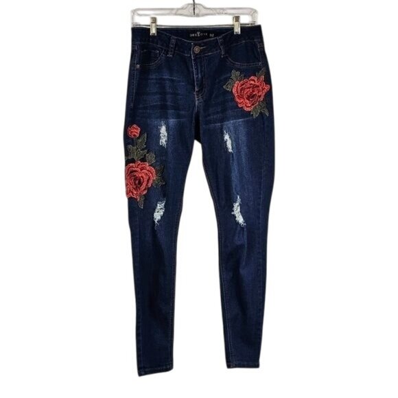 Y2K One5One Floral Distressed Jeans 8 3D Embellished Skinny Stretch Mid Rise - Picture 1 of 10